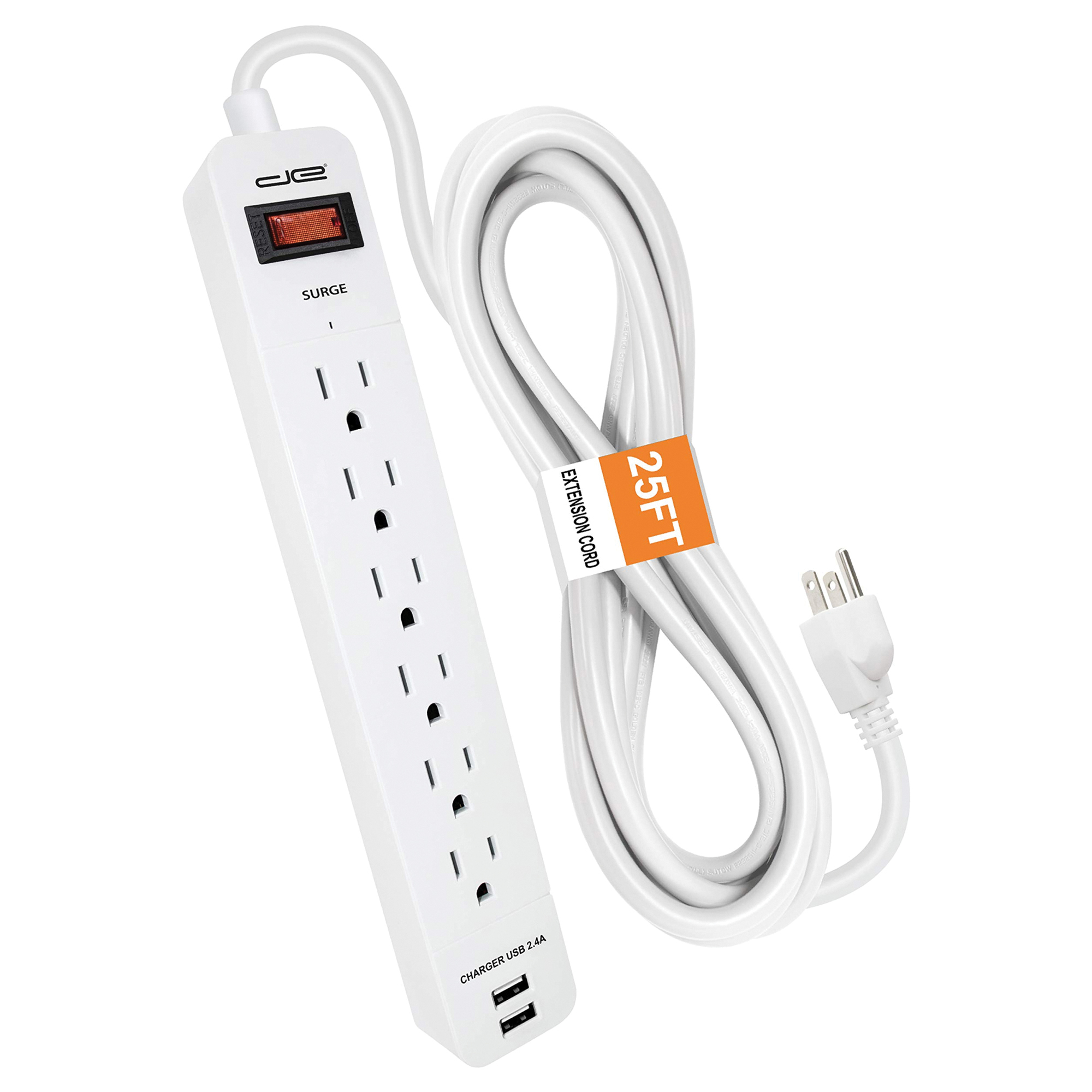 Digital Energy, 6-Outlet Surge Protector with 2 USB Ports, White, Cord Length 25 ft, Cable Gauge 14/3 Amps 15 Model# ENR1-1006